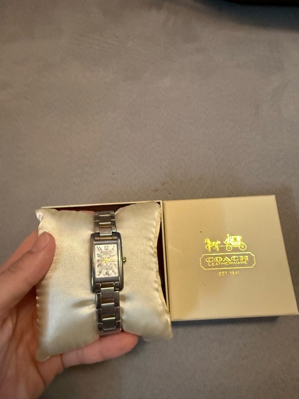 Coach Silver-Tone Rectangular Bracelet Watch with Mother-of-Pearl Dial